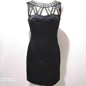 Cory P, Sexy Little Black Dress Sleeveless Bodycon Gold Bugle Bead Cut-out NWT 4
